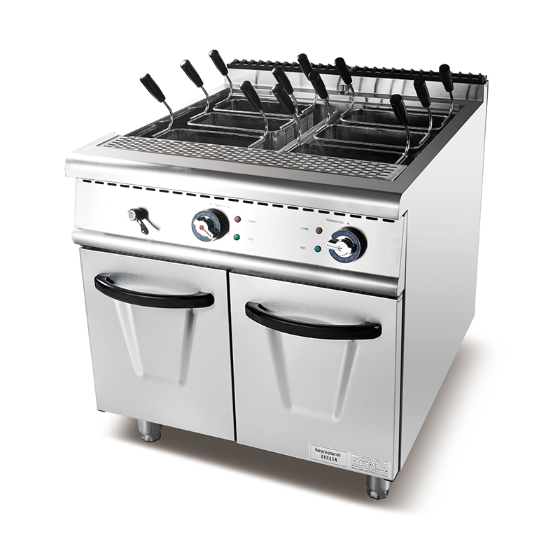 Commercial fast food kitchen layout with stainless steel equipment