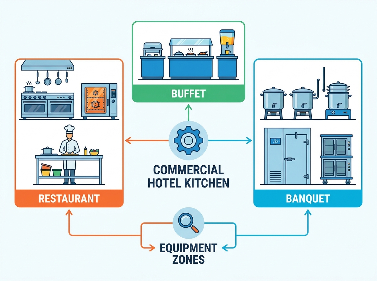 Commercial hotel kitchen equipment layout and workflow