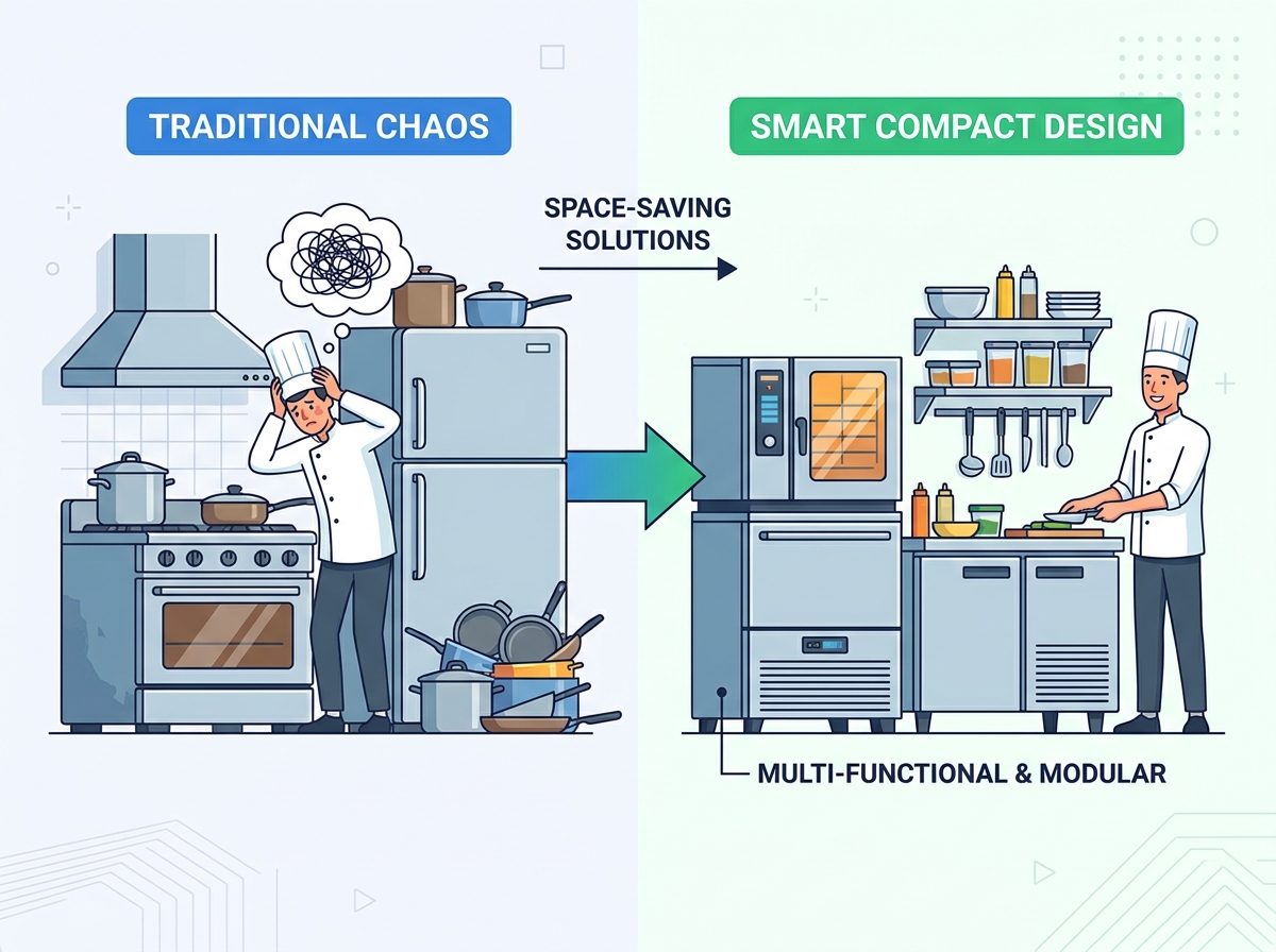 Compact commercial kitchen equipment layout maximizing small restaurant space